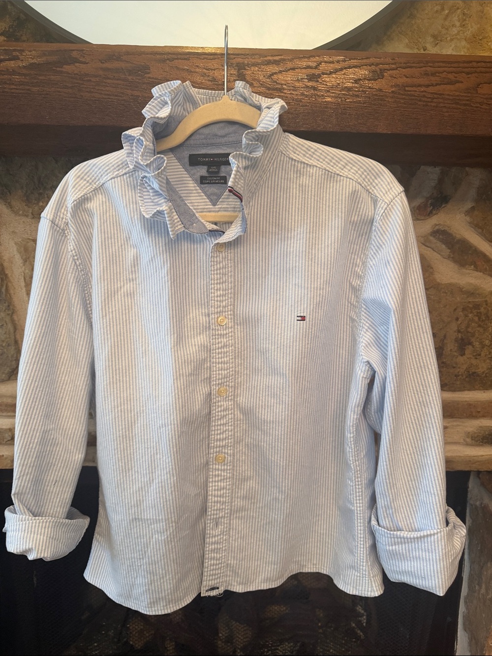 Upcycled Tommy Hilfiger Striped Ruffle-Collar Button-Down Shirt